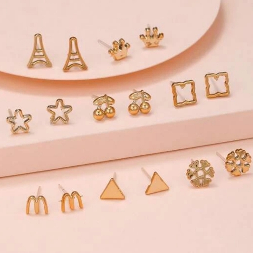 8 Pair of Gold Tone Stud Earrings Super Cute